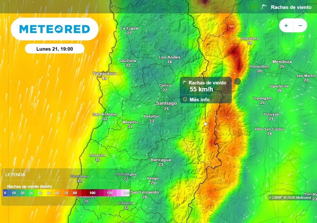 Rachas de viento Durante este lunes se mantiene vigente un aviso de la Dirección Meteorológica de Chile (DMC) por fuertes vientos en la cordillera de la RM.