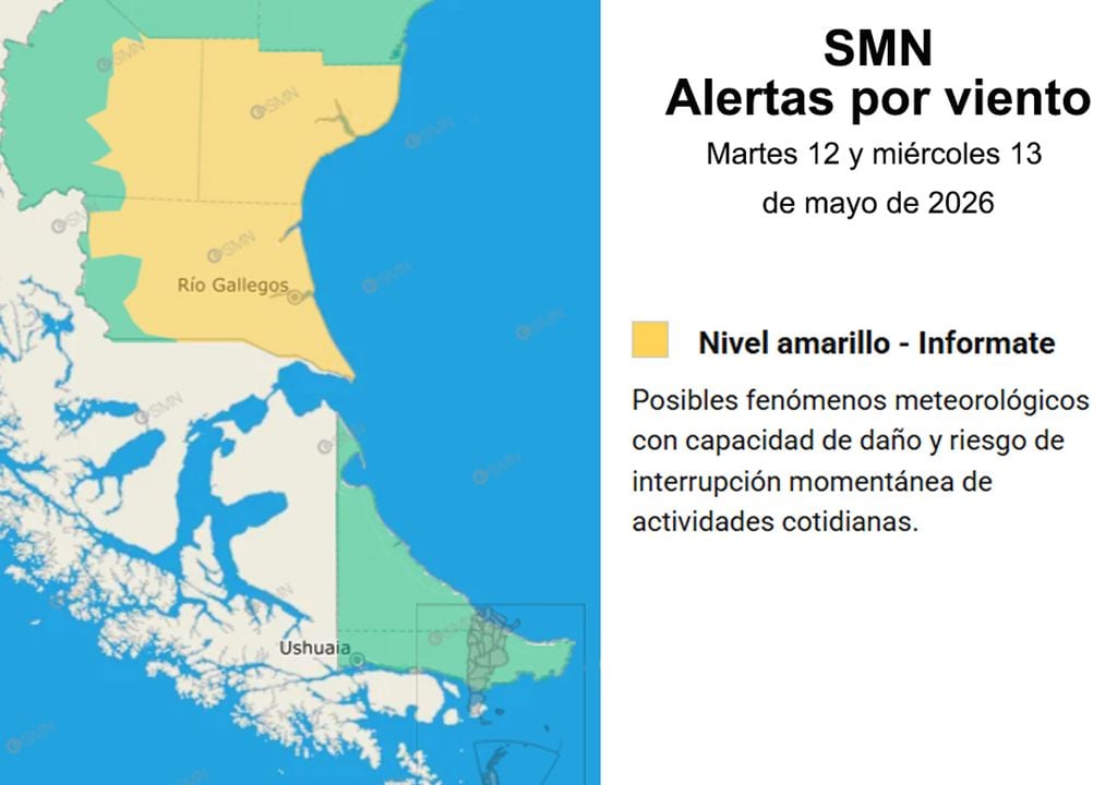 El SMN ha emitido una alerta amarilla por viento para el sudeste de Santa Cruz. El área sombreada en amarillo será afectada por vientos del sudoeste con velocidades entre 40 y 60 km/h, y ráfagas que pueden superar los 80 km/h hasta la mañana del miércoles 13 de mayo.