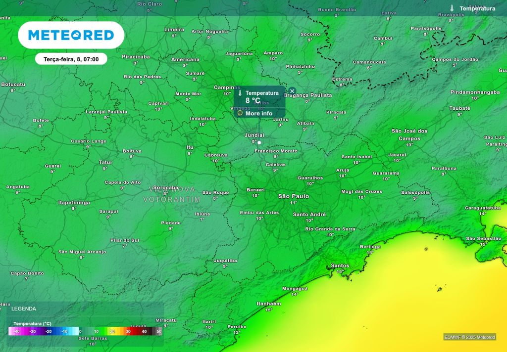 Previsão de temperatura mínima terça-feira (8), de acordo com o modelo ECMWF. Previsão de temperatura mínima terça-feira (8), de acordo com o modelo ECMWF.