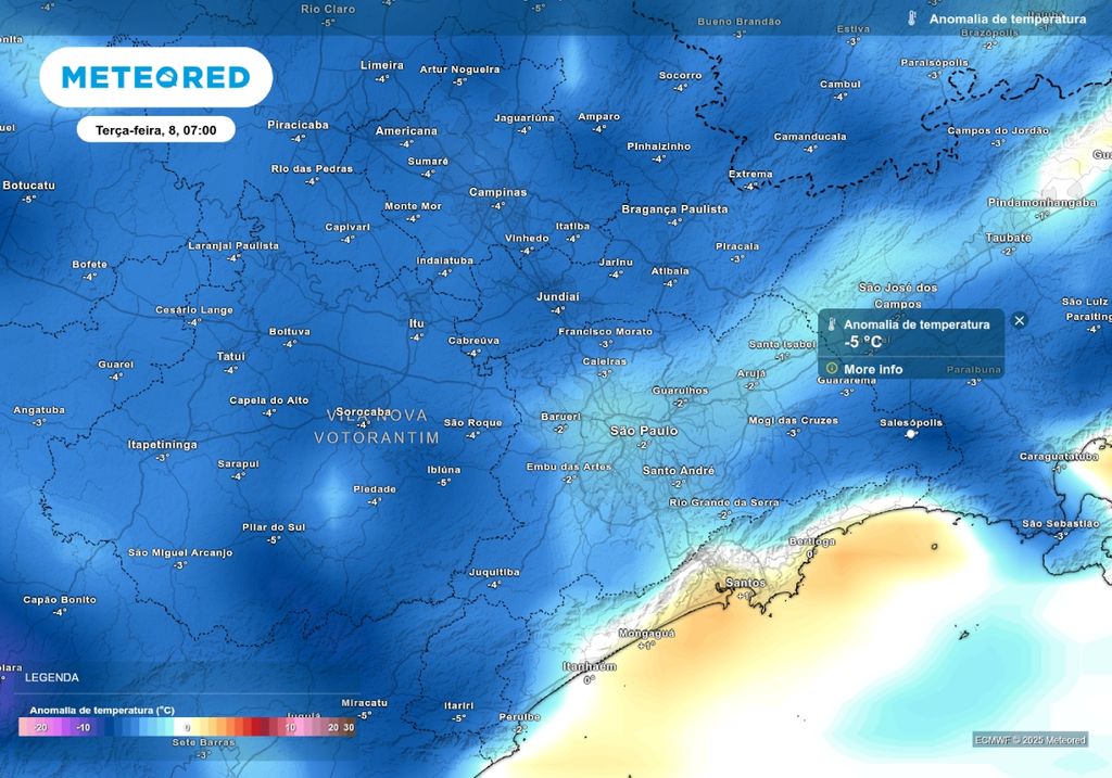 Previsão de anomalia de temperatura mínima terça-feira (8), de acordo com o ECMWF. Previsão de anomalia de temperatura mínima terça-feira (8), de acordo com o ECMWF.