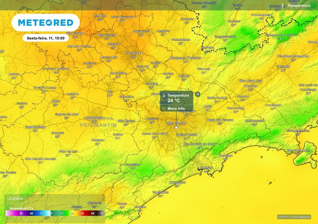 Previsão de temperatura máxima sexta-feira (11), de acordo com o ECMWF. Previsão de temperatura máxima sexta-feira (11), de acordo com o ECMWF.