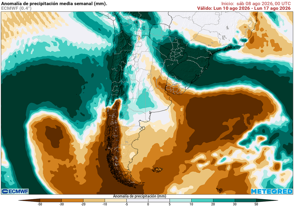 Pronóstico, Clima, Tiempo, Argentina Anomalía de precipitaciones prevista para los próximos 7 días según el modelo ECMWF