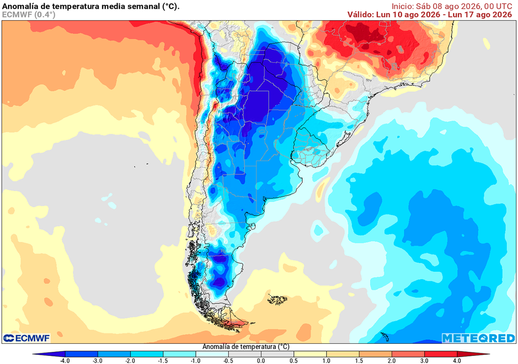 Pronóstico, Clima, Tiempo, Argentina Anomalía de temperatura prevista para los próximos 7 días según el modelo ECMWF