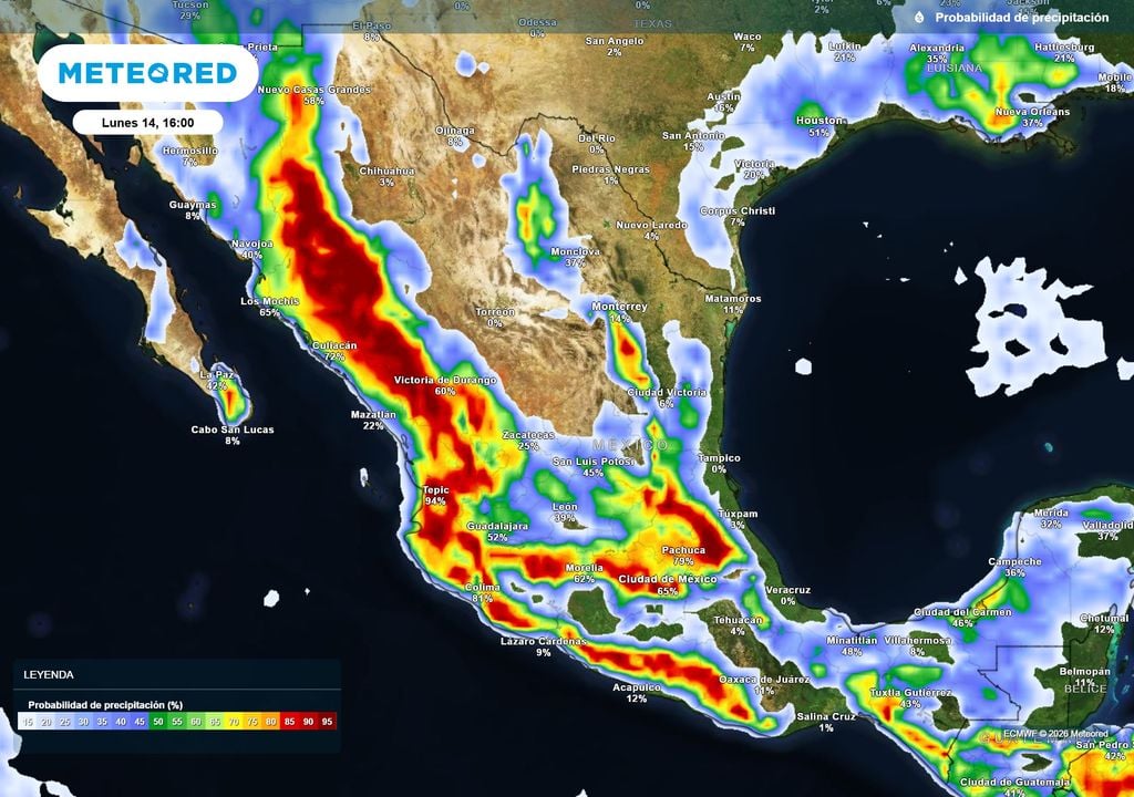 Pronóstico de probabilidad de lluvias Esta semana se concentrarán las lluvias en la Sierra Madre Occidental, centro, sur y Golfo de México, siendo más ocasionales en el resto del país.