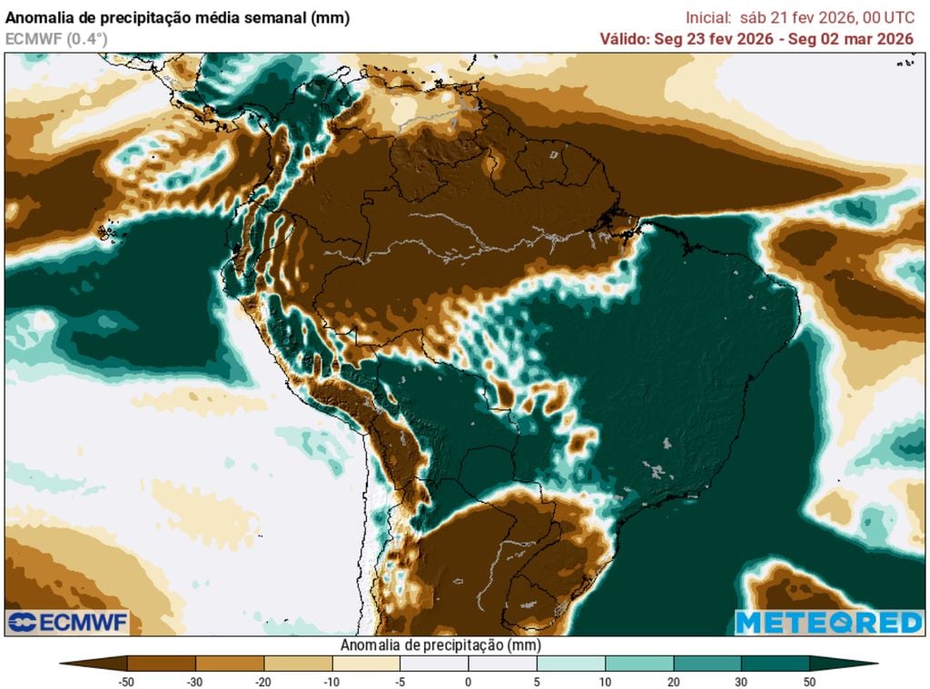 Anomalia do acumulado de precipitação para a última semana de fevereiro.