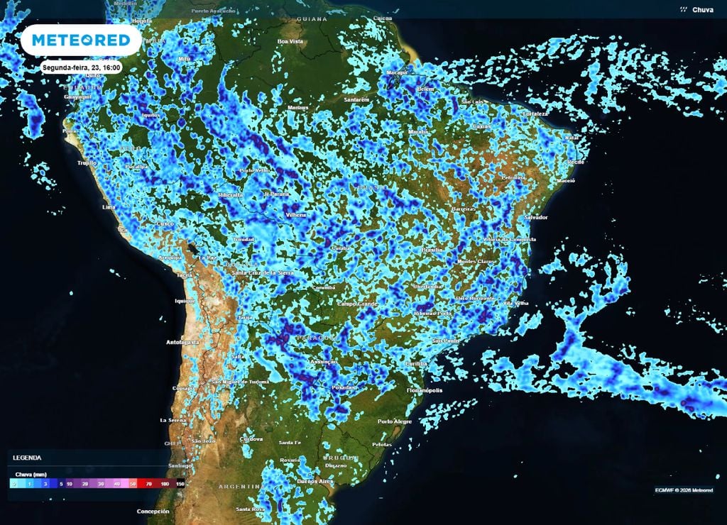 Previsão de chuva para a tarde da segunda-feira, 23 de fevereiro.