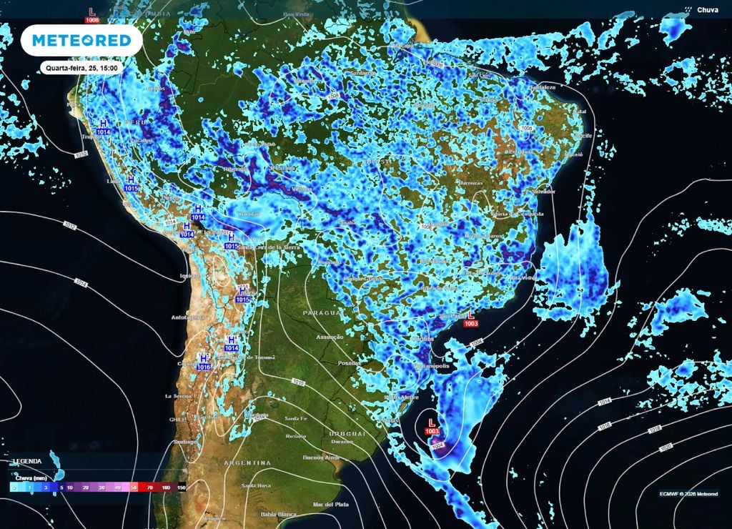 Previsão de chuva e pressão para a tarde da quarta-feira, 25 de fevereiro.