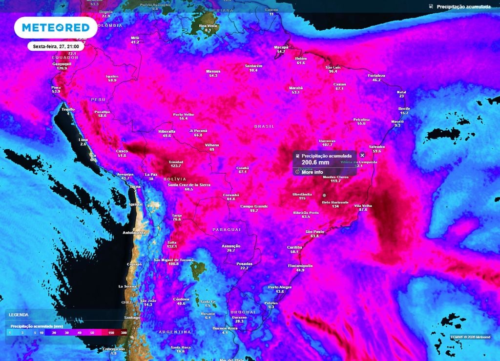 Acumulado de precipitação até a sexta-feira, 27 de fevereiro. Volumes podem chegar aos 200 mm.