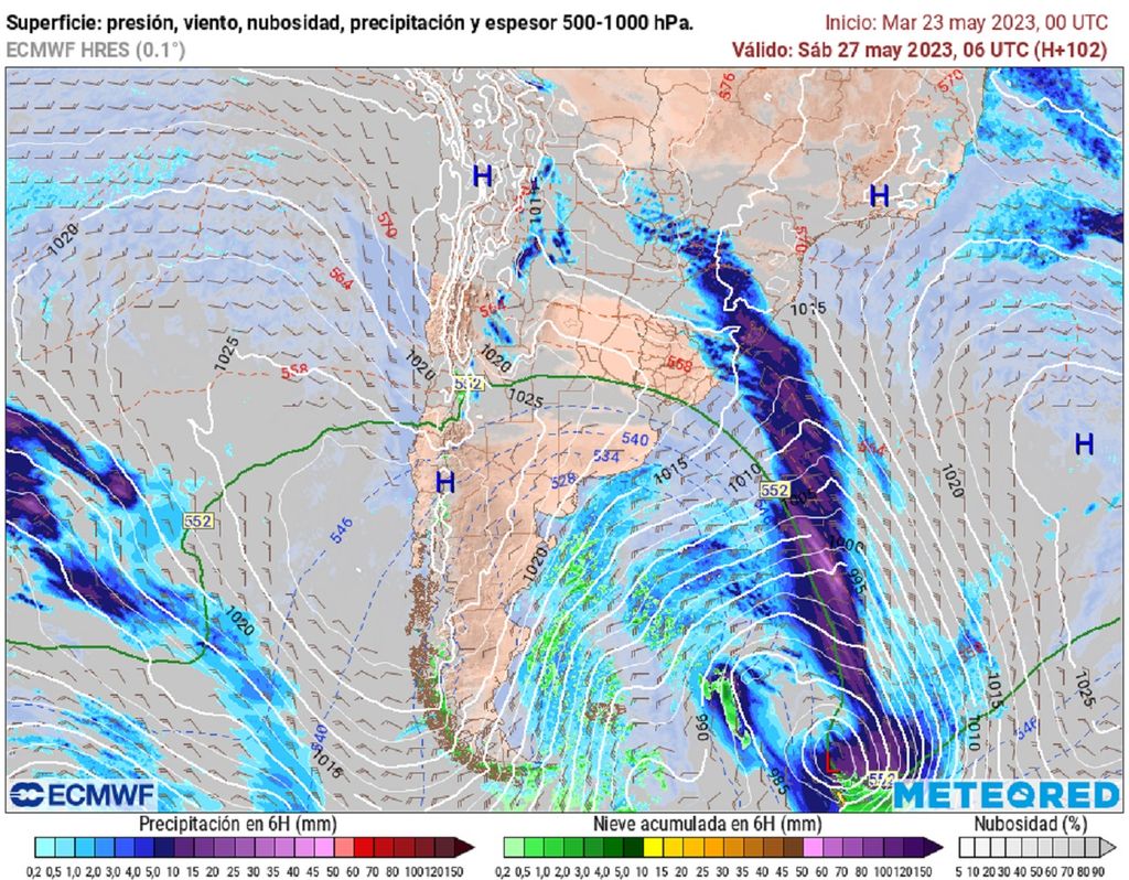 presión y precipitaciones previstas; modelo ECMWF presión y precipitaciones previstas; modelo ECMWF