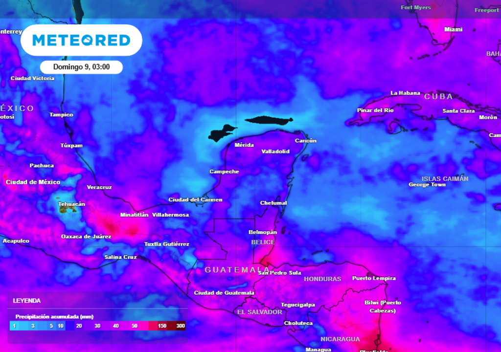 Lluvias Pronóstico de lluvia acumulada para las próximas 96 horas en la Península de Yucatán..