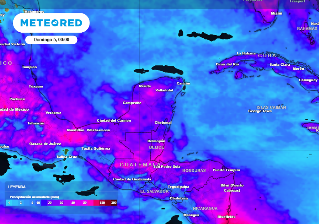 Pronóstico de lluvia acumulada para esta semana en la Península de Yucatán..