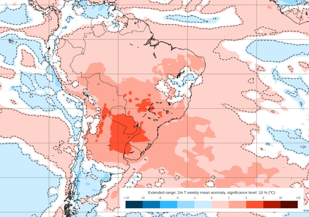 Previsão de anomalia de temperaturas do ECMWF entre os dias 05 e 12 de Maio.