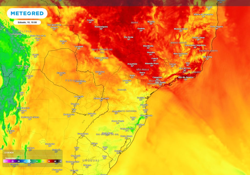 Previsão de temperaturas máximas no sábado durante a tarde.