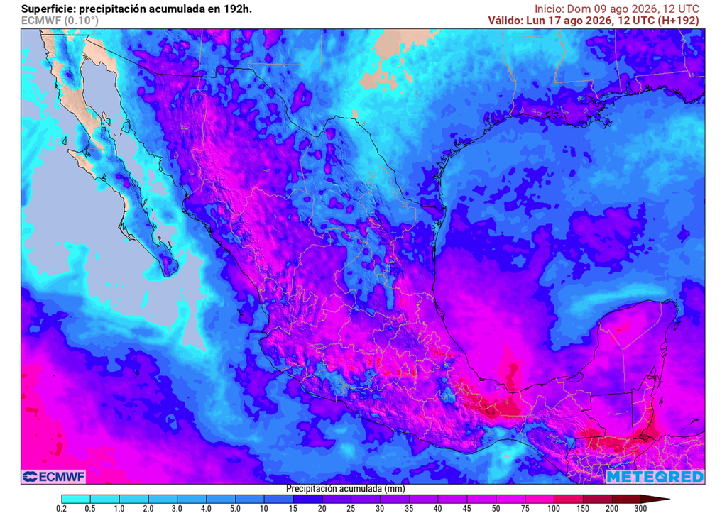 Pronóstico de lluvias acumuladas en milímetros Tendremos una semana más humedad en el país, con fuertes tormentas y lluvias en la Sierra Madre Occidental, franja centro-sur y hasta península de Yucatán.