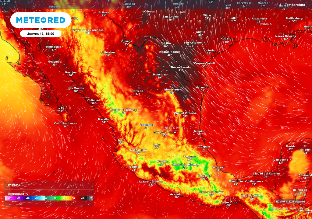 Pronóstico de temperaturas en grados Celsius Intenso calor de 35-45 °C seguirá sintiéndose en el noroeste, noreste y sureste, mientras las lluvias ayudan a refrescar principalmente estados del Altiplano.