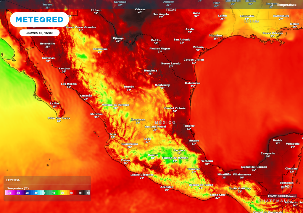 Pronóstico de temperaturas en grados Celsius Intenso calor aumentará en el norte y Golfo de México a mitad-finales de semana con 35 a 45 °C y bochorno mayor; el el Altiplano y montañas, se refrescarán con las lluvias.