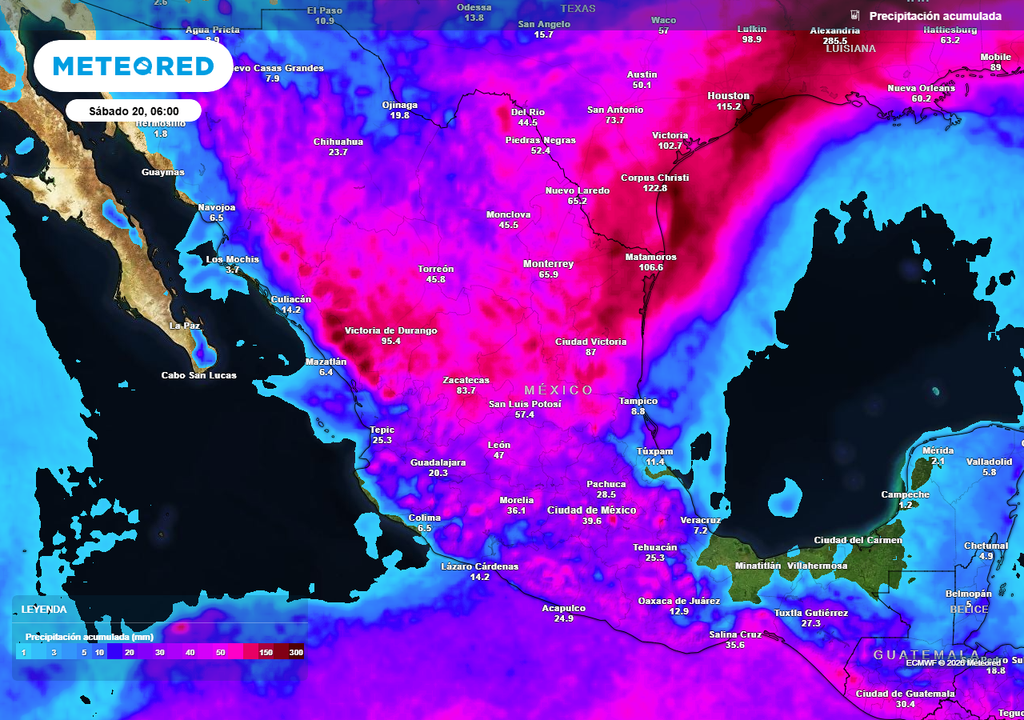 Pronóstico de acumulado de lluvias en milímetros La semana comenzará con intensas lluvias en el norte, cambiando hacia el centro-sur a finales; acumulados de 70-150 mm con locales superiores a 300 mm son probables.