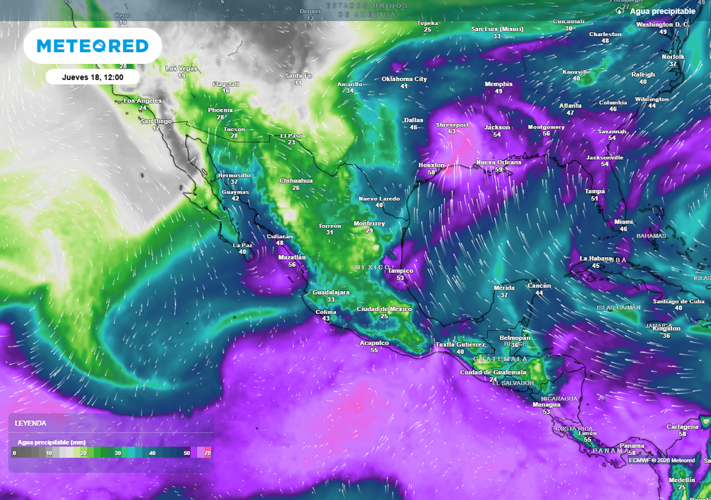Pronóstico de agua precipitable en milímetros Tendremos el ingreso de mucha humedad, eso no cambiará del todo, generando sectores con lluvias torrenciales primero en el norte y después en el centro-sur.