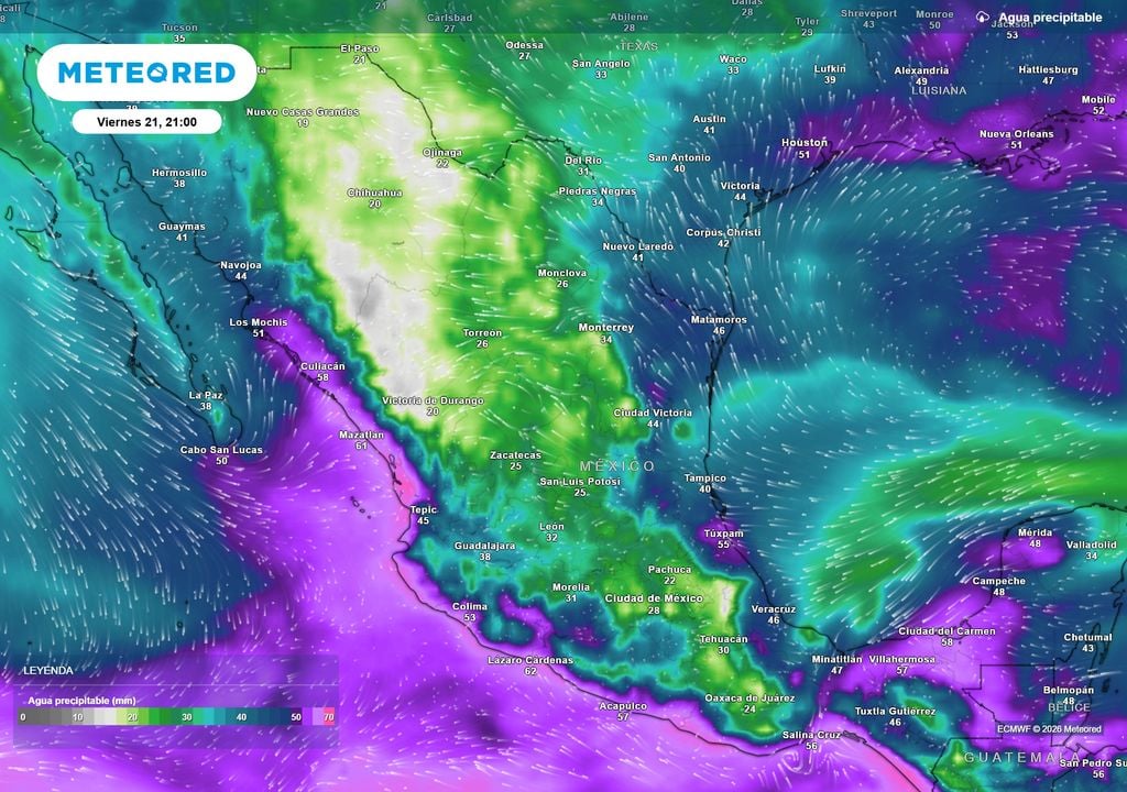 Pronóstico de agua precipitable en milímetros La situación inestable aumentará en la franja centro-sur durante esta semana generándose intensas tormentas; asimismo, la humedad favorecerá intenso bochorno en costas.