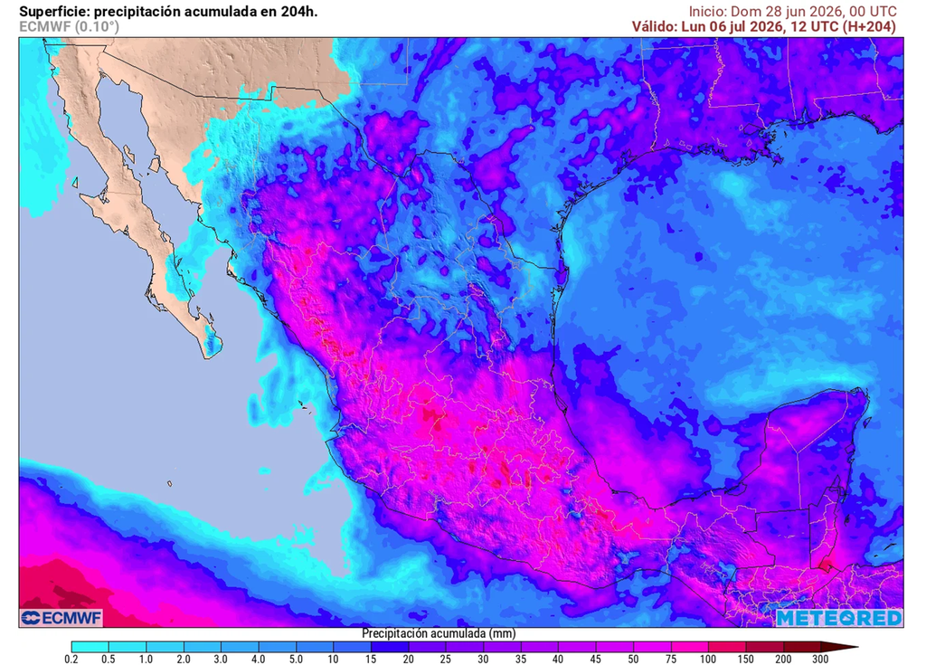 Lluvias fuertes a intensas se mantendrán esta semana en el país, resaltando franja centro-sur y Sierra Madre Occidental con 100-200 mm, incluso mayores con granizadas y viento.