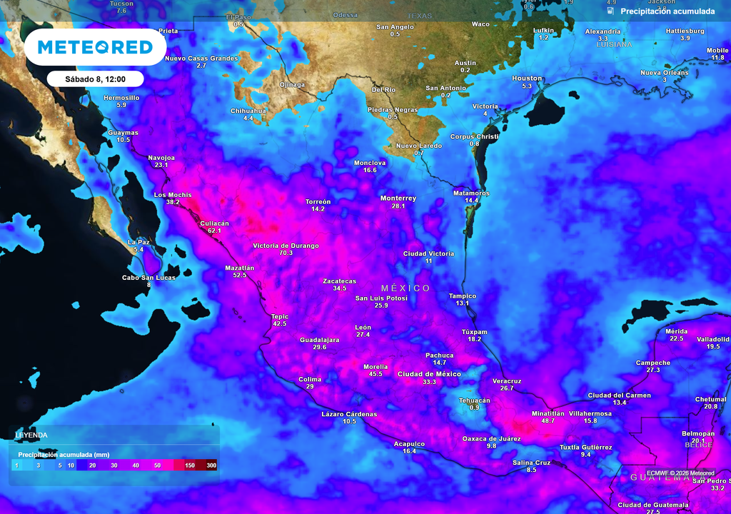 La semana registraría lluvias y tormentas concentradas en la Sierra Madre Occidental, centro, sur y parte del sureste con puntuales >100 mm; granizo, viento e inundaciones probables.