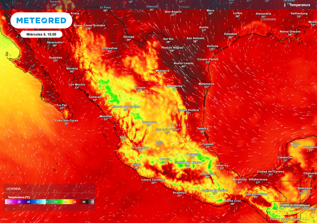 Calor veraniego de 35-45 °C va a seguir registrándose en todo el norte y estados costeros, llegando o superando los 50 °C entre Baja California y Sonora.