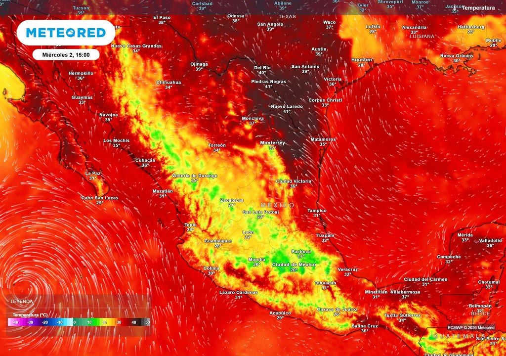 Pronóstico de temperaturas máximas en grados Celisius Las lluvia ayudarán a regular temperaturas, especialmente en el Altiplano con 15-25 °C en incluso inferiores, continuando con más de 40 °C en el noreste y sureste.