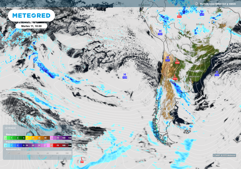 mapa de lluvia, nieve y nubes.