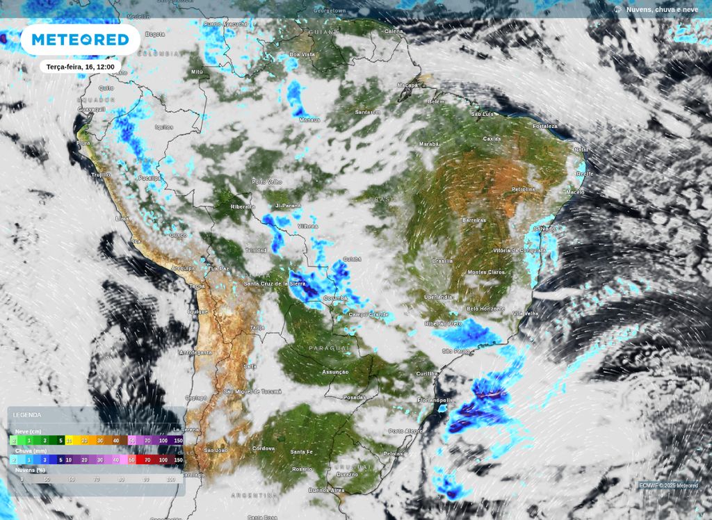Previsão de nebulosidade e precipitação para a tarde de terça-feira (16), segundo o modelo ECMWF.