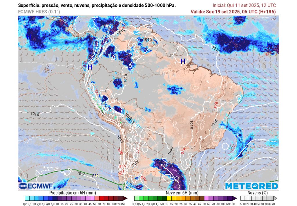 Previsão estendida de precipitação, nebulosidade, pressão a nível médio do ar para sexta-feira (19).