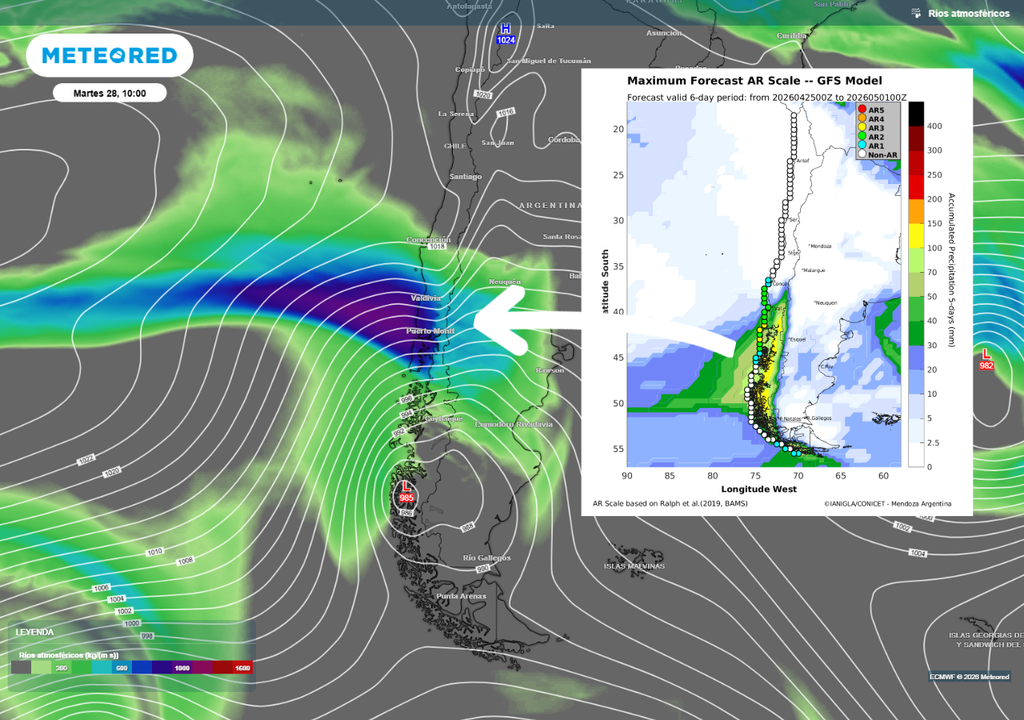 Un río atmosférico llegará a Chile, luego que las altas presiones aflojen y abran paso para que los frentes se muevan sobre Chile.