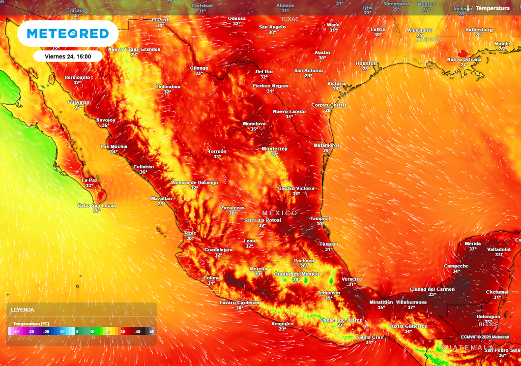 El calor se incrementará desde mitad de semana, extendiéndose a la mayor parte de México, resaltando desde el viernes cuando podría llegar la primera Ola de Calor con >45 °C.
