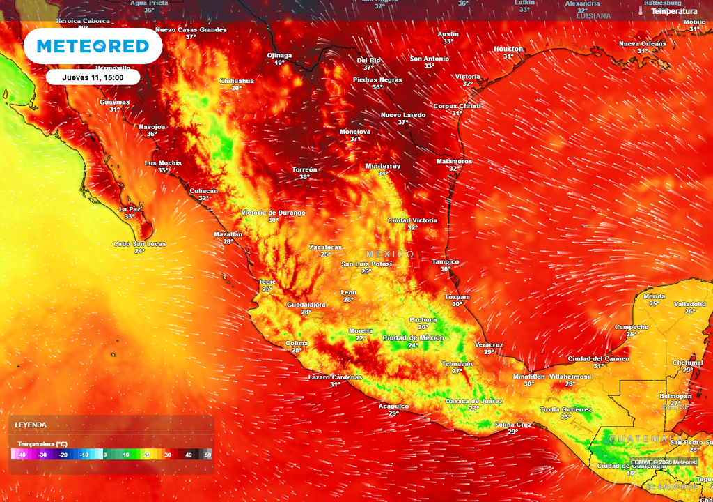 El intenso calor se mantendrá en el norte con 40 °C o más, mientras la franja centro-sur se refrescará de 15-25 °C con lluvias intensas