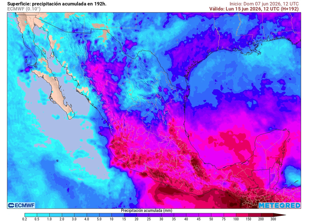 Interacción de sistemas tropicales ocasionarán lluvias de 70-150 mm con locales de 250 mm o más en la franja centro-sur de México, refrescando, pero con inundaciones.