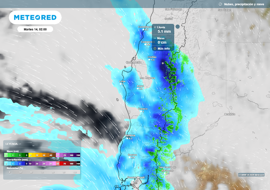 Dos sistemas frontales se aproximan a Chile centro-sur para la próxima semana Precipitación (mm) para la madrugada del martes (14) en Chile centro-sur.