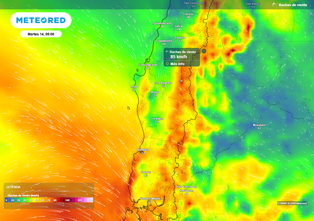 Rachas de viento de 80 km/h se esperan para la próxima semana en el centro-sur de Chile Rachas de viento (km/h) para la madrugada del martes (14) en Chile centro-sur.