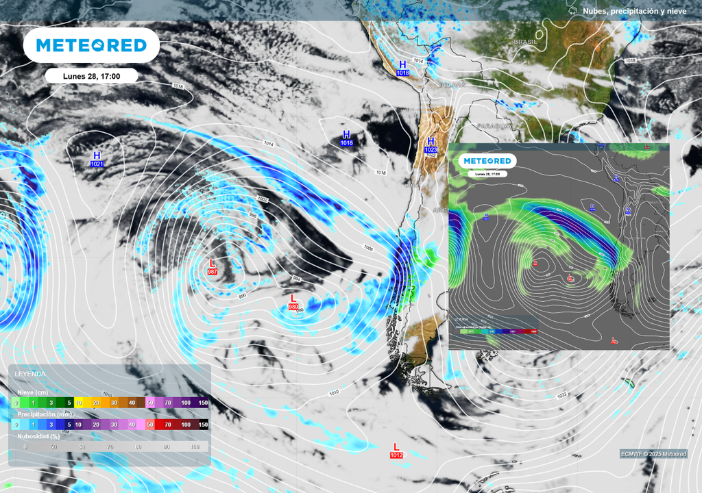 mapas de lluvia y niegve y de río atmosférico.