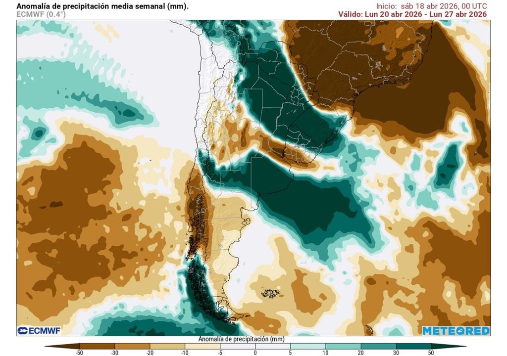 El modelo proyecta un excedente de lluvias en la zona central, con mayor intensidad en las regiones de O'Higgins y Maule, en línea con el evento frontal previsto para inicios de semana.