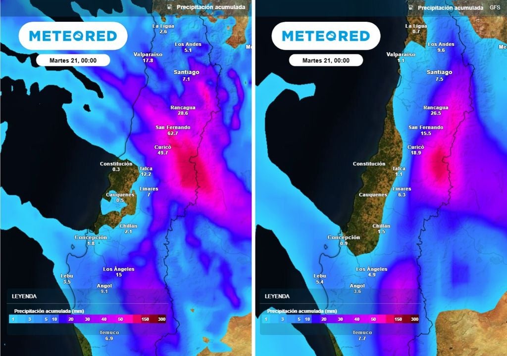 Ambos modelos coinciden en concentrar los mayores montos en sectores interiores y precordilleranos de O'Higgins y Maule. Sin embargo, difieren en la costa, donde ECMWF proyecta un impacto más significativo que GFS.