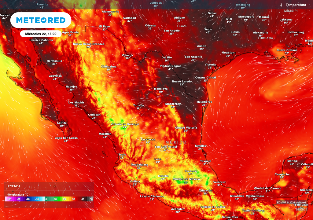 Pronóstico de temperaturas en grados Celsius El calorón aumentará en el norte con 35-45 °C, principalmente en Baja California y Sonora rondando 50 °C. El Altiplano tendría 20-32 °C y las demás costas de 32-38 °C.