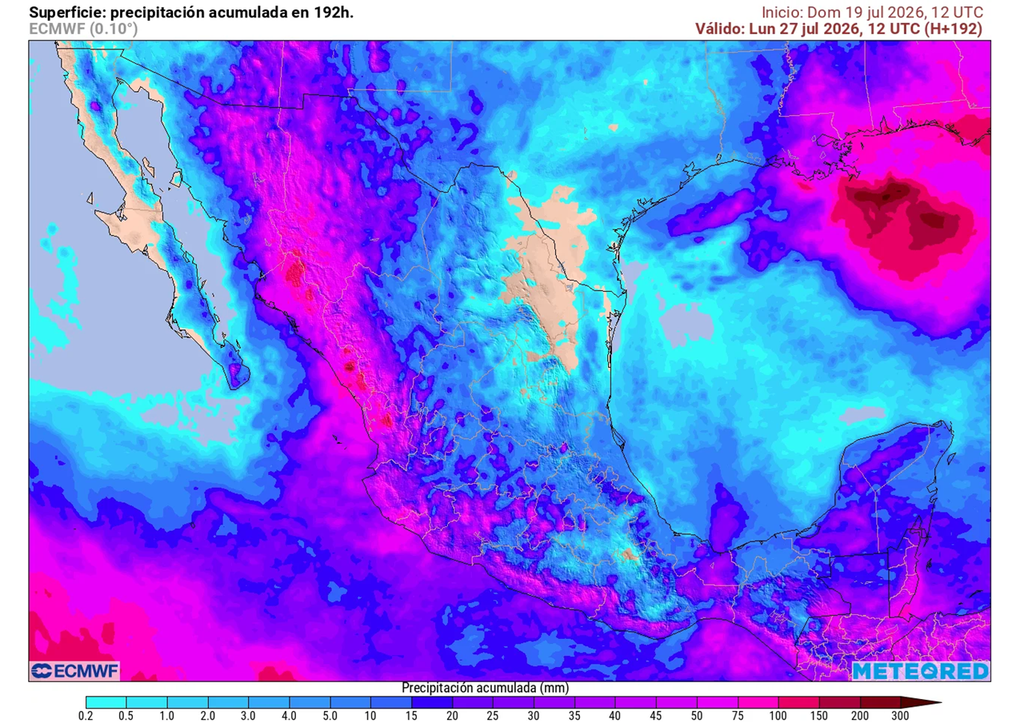 Pronóstico semanal de lluvias acumuladas en milímetros Las lluvias se concentrarán en la mitad occidental, principalmente en estados de la Sierra Madre superando 100 mm. El centro, oriente y sureste serán más ocasionales.