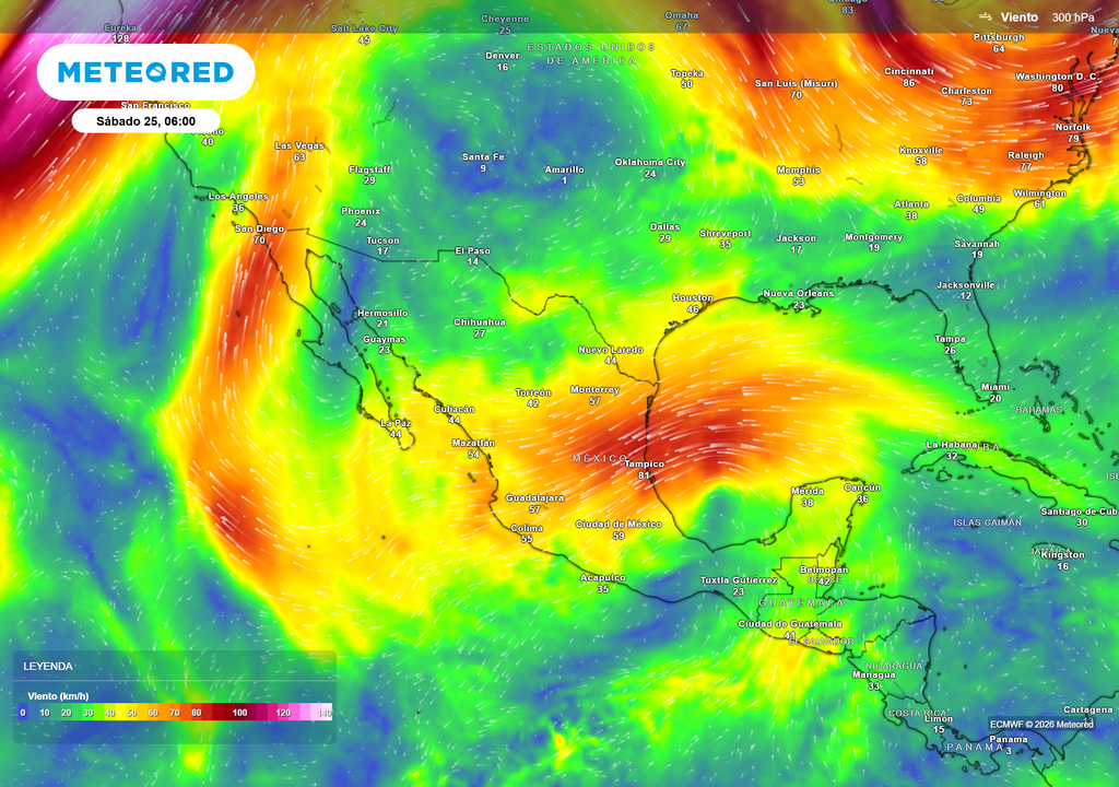 Pronóstico del flujo de aire a más de 8 km de altitud Fuertes vientos y sistemas meteorológicos concentrarán la humedad con lluvias fuertes en la mitad occidental del país, disminuyendo en las demás regiones de México.