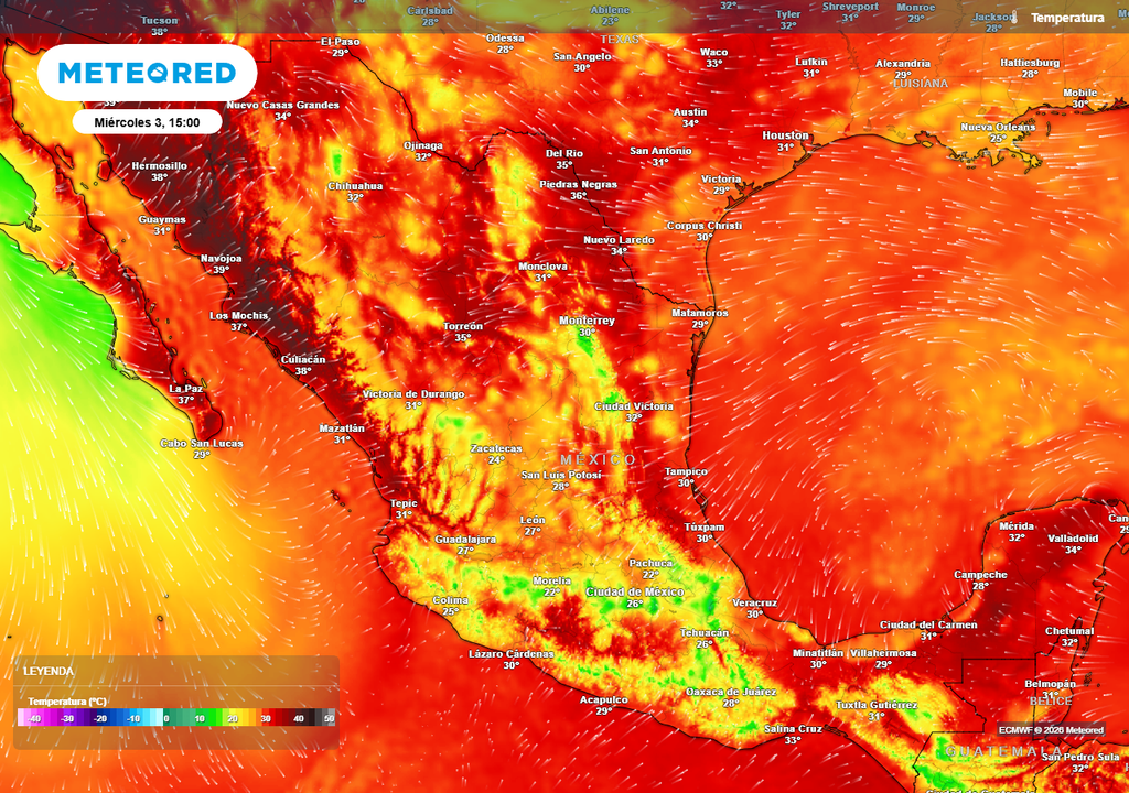 Pronóstico de temperaturas en grados Celsius El calor dominará estados costeros y más, en el noroeste con 35-45 °C además de bochorno. En el Altiplano será menor, refrescándose por lluvias en estados mencionados.