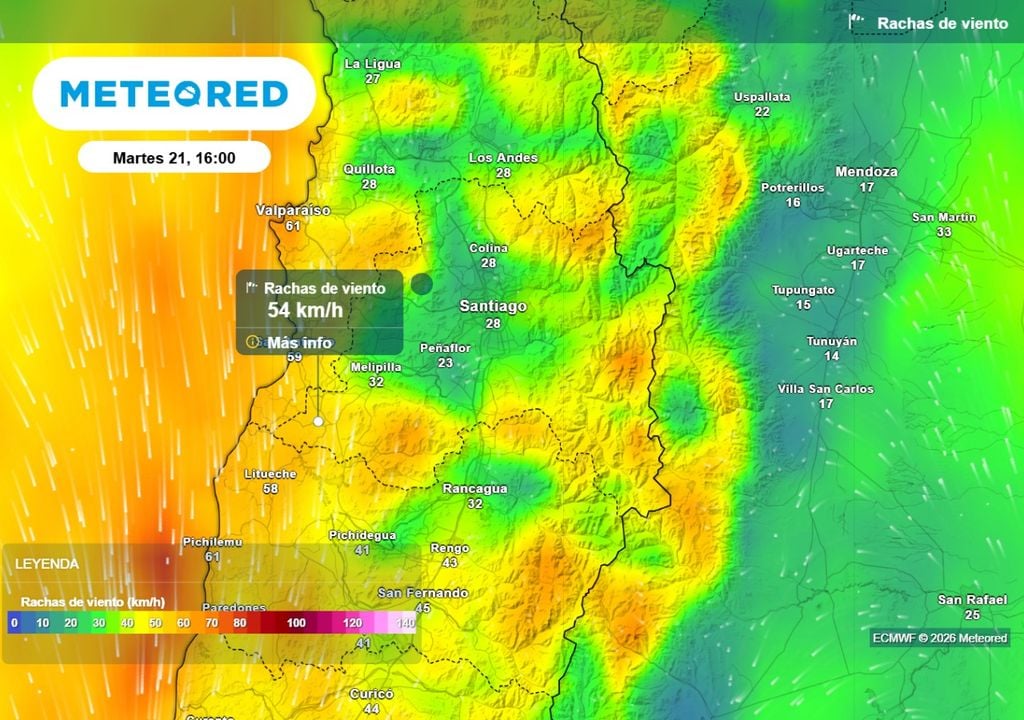 Rachas de viento El martes aumentan las rachas de viento con la llegada de un nuevo sistema frontal, superarían los 50 km/h en algunas zonas del valle de Santiago.