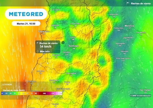 Rachas de viento El martes aumentan las rachas de viento con la llegada de un nuevo sistema frontal, superarían los 50 km/h en algunas zonas del valle de Santiago.