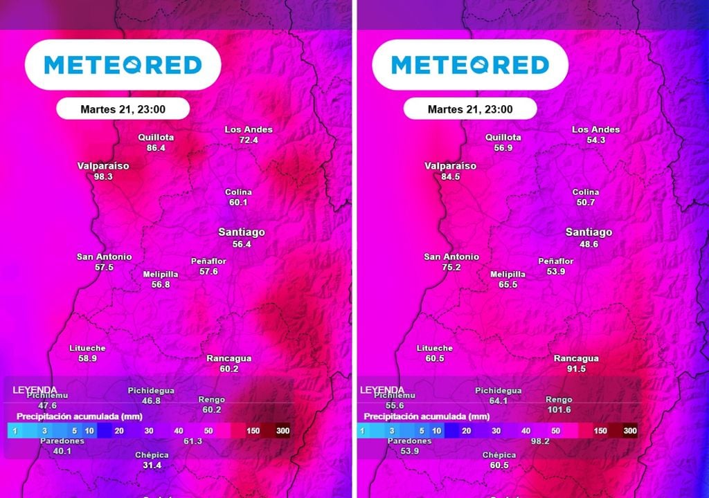 Acumulados La imagen izquierda muestra los acumulados de precipitaciones previstos por el ECMWF entre lunes y martes, la imagen derecha el modelo norteamericano GFS los mismos días.