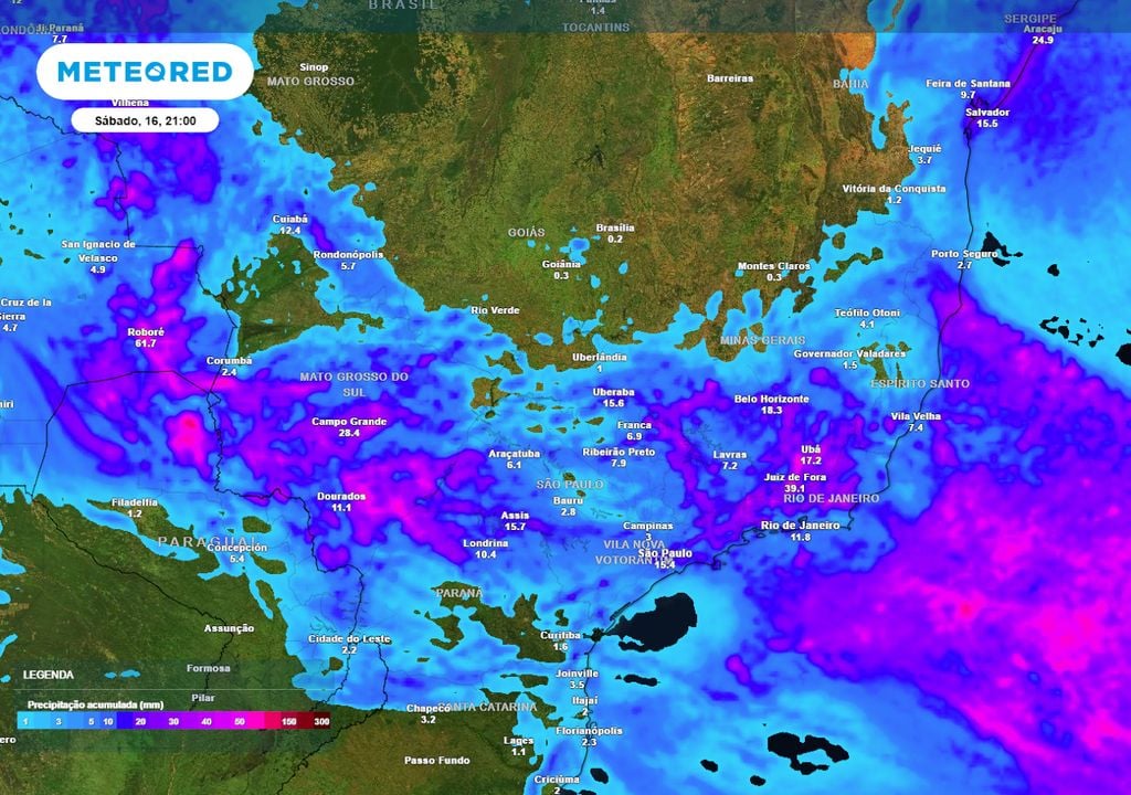 Previsão de acumulados totais até o final do sábado mostra que pancadas de chuva se formarão em parte do Sul, Sudeste e Centro-Oeste devido ao sistema, com acumulados de 50 mm.