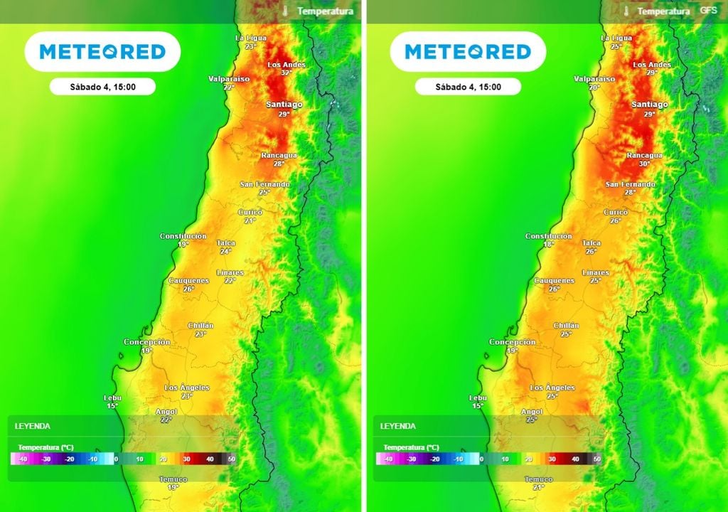 Ambos modelos globales, ECMWF y GFS, proyectan altas temperaturas, principalmente en el norte de la zona central. El ECMWF muestra valores levemente superiores en comparación con el GFS.