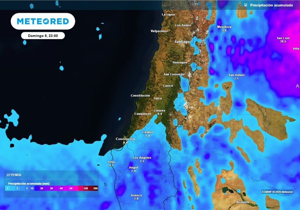 La precipitación acumulada proyecta montos débiles, concentrados entre Ñuble y Biobío, asociados a la baja segregada.