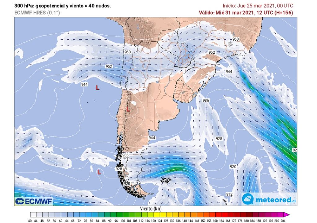 Viento previsto, por el modelo del ECMWF, en niveles altos de la atmósfera Viento previsto, por el modelo del ECMWF, en niveles altos de la atmósfera